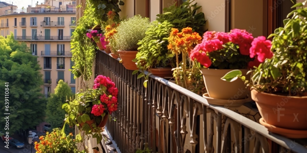 Fototapeta premium Beautiful balcony with lots of flowering plants.