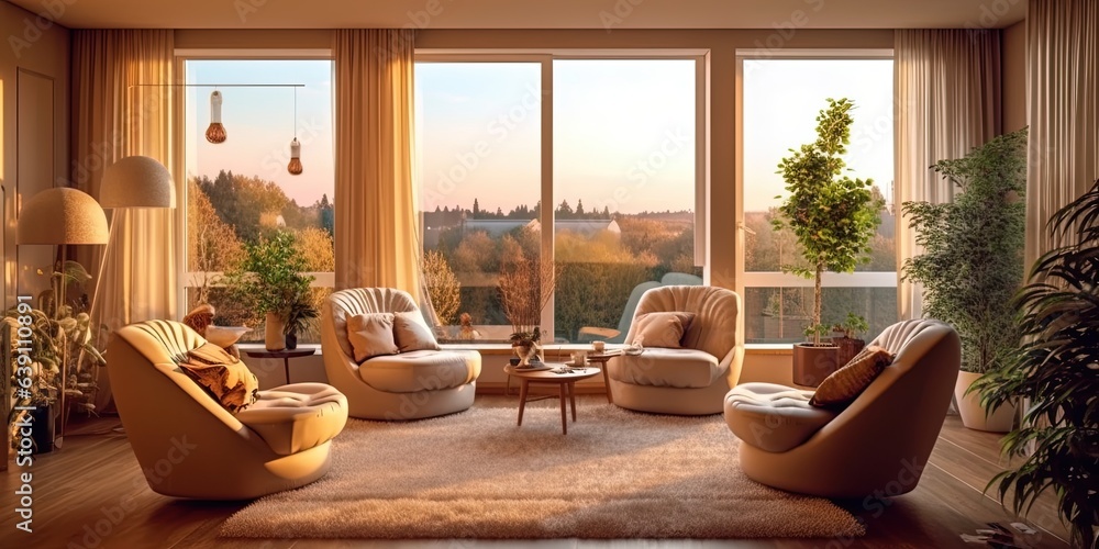 Beige living room interior with armchairs and drawer near panoramic window