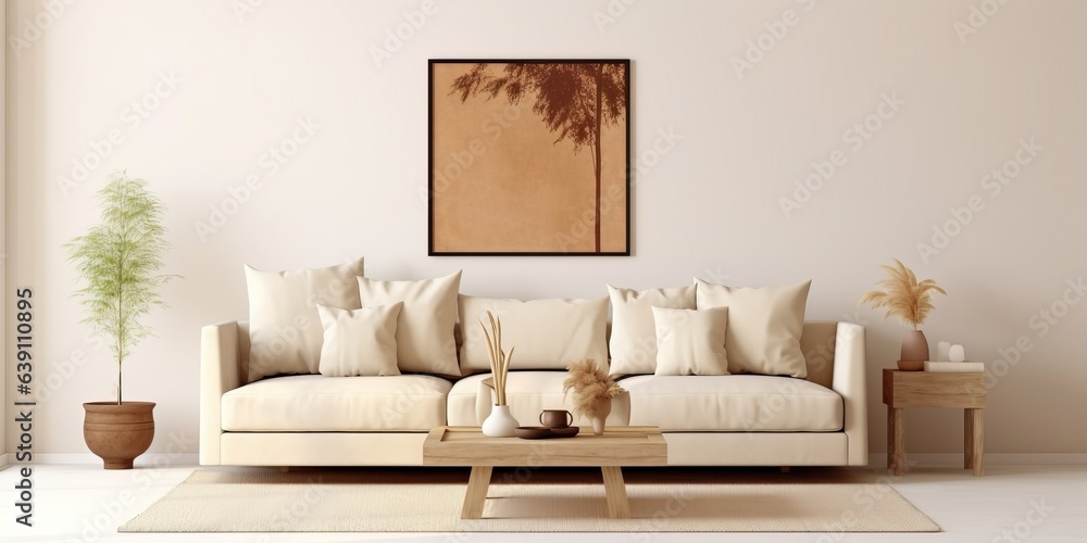 Beige relax place interior couch and coffee table with decor, mockup frame