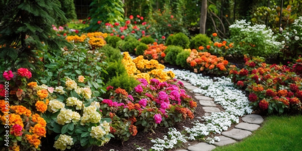 Bright flowers blooming on flowerbed, flower garden layout ideas