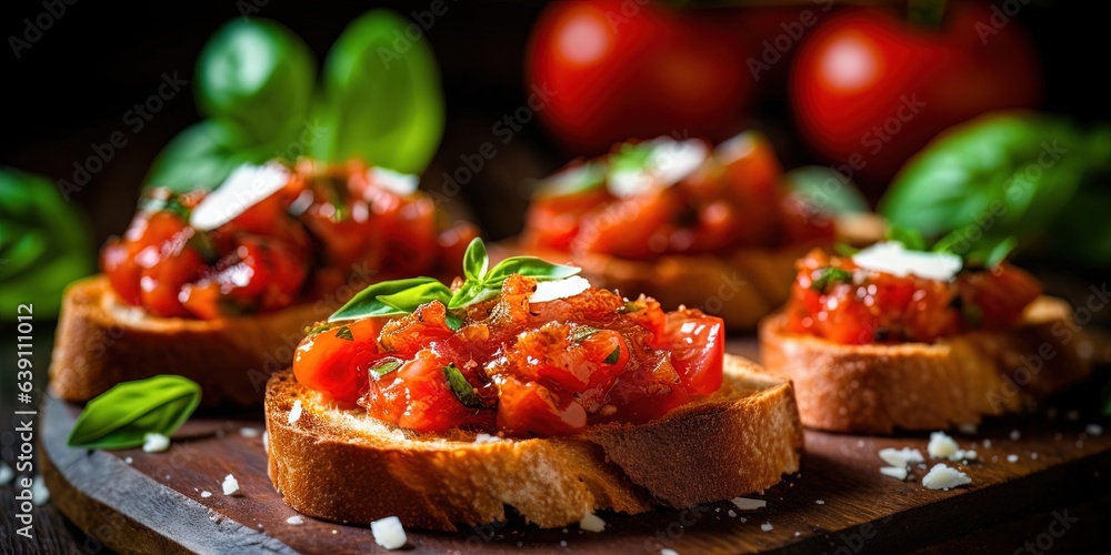 Bruschetta with Tomato and Basil, in country kitchen. Bruschetta with Tomato and Basil, in country kitchen.