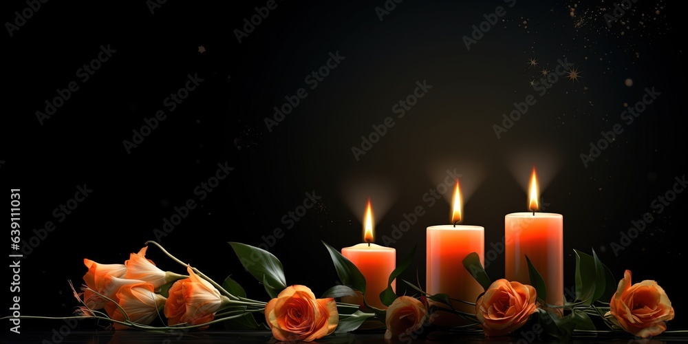 Burning candles and flowers on black background with space for text ...