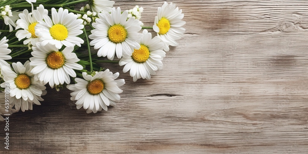 Fototapeta premium Bunch of white chamomiles on gray wooden background in sunlight