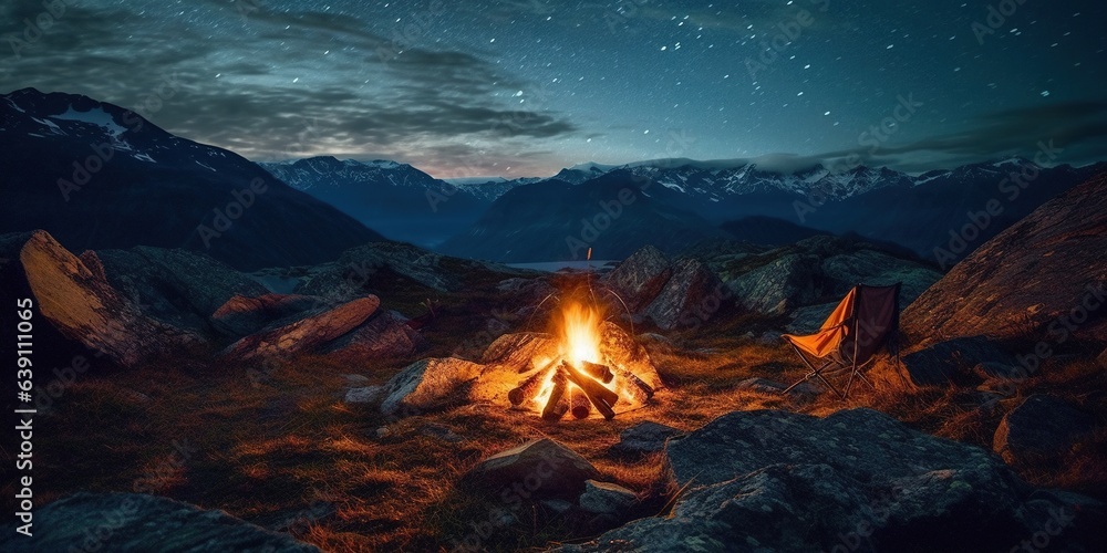 Campfire on mountain against blue sky at night