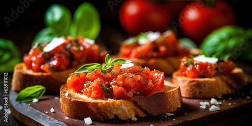 Bruschetta with Tomato and Basil, in country kitchen.