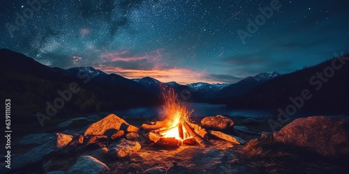 Campfire on mountain against blue sky at night