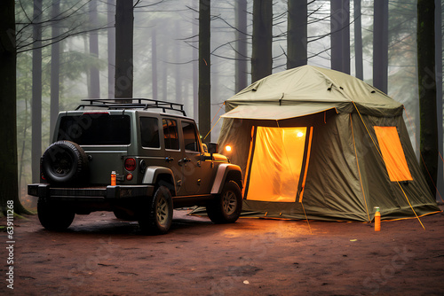 A tourist tent and a jeep stand on a lawn in the middle of a forest in foggy and cloudy weather late at night. The light is on in the tent photo