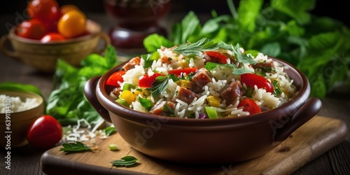 Cold rice salad with sausage, cheese and legumes