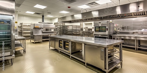 Commercial, professional bakery kitchen and stainless steel convection, deck oven, freezer, refrigerator, table