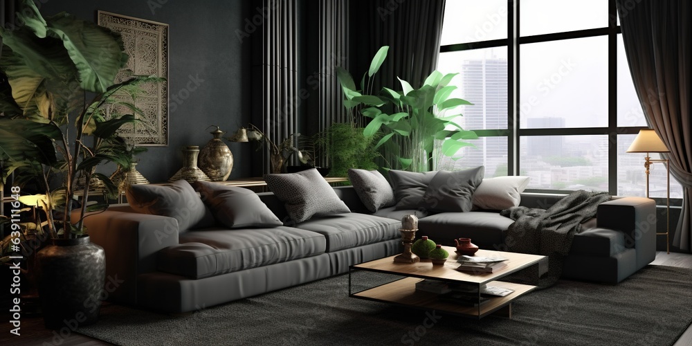Fototapeta premium Dark living room interior with luxury gray sofa.