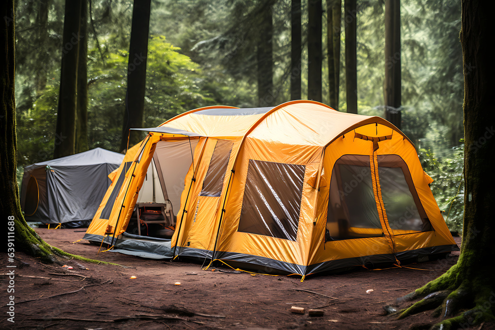 An orange tourist tent stands in the middle of a forest on a cloudy day.