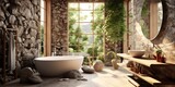 Designer Bathroom with Natural Light, Rock Walls, and a Tranquil Atmosphere. .