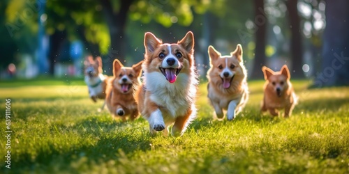 Cute funny dogs group running and playing on green grass in park,