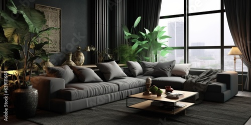 Wallpaper Mural Dark living room interior with luxury gray sofa. Torontodigital.ca