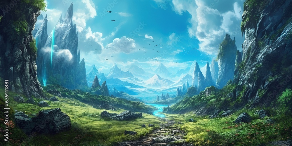Fototapeta premium Fantasy anime landscape illustration with mountains and sky, a path in the forest