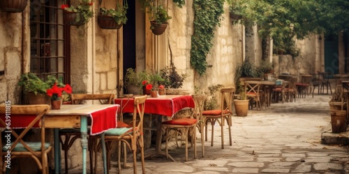 Empty outdoors restaurant or café with table and chairs in Provencal style.