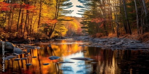 Fall colors reflect in a river in Maine