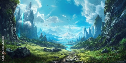 Fantasy anime landscape illustration with mountains and sky, a path in the forest
