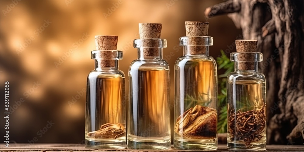 Glass bottles with aromatic oil or serum, bark tree with copy space. Glass bottles with aromatic oil or serum, bark tree with copy space.