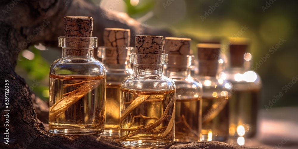 Glass bottles with aromatic oil or serum, bark tree with copy space. Glass bottles with aromatic oil or serum, bark tree with copy space.
