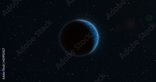 Fototapeta Naklejka Na Ścianę i Meble -  Abstract realistic space spinning planet round sphere with a blue water surface in space against the background of stars