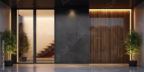 Glass entrance door with side lighting and wall section modern style dark, interior