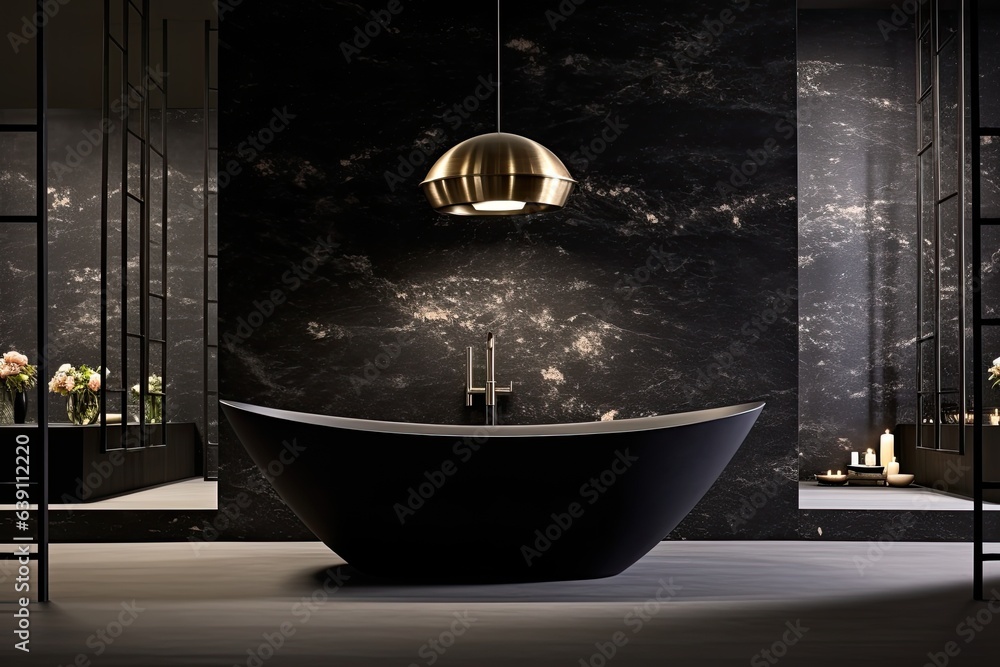Interior of modern bathroom with black marble walls, concrete floor, comfortable black bathtub standing near black mirror and sink Interior of modern bathroom with black marble walls, concrete floor, comfortable black bathtub standing near black mirror and sink