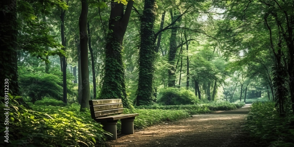 Trees in a green forest with the forest path and a bench next to it Trees in a green forest with the forest path and a bench next to it