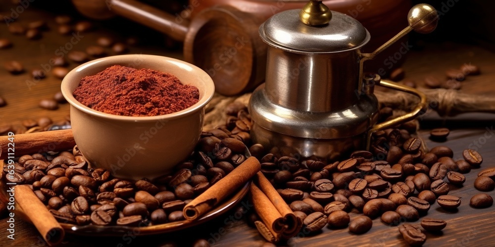 Turkish coffee in coffee pot, coffee beans scattered on wooden table, high angle view