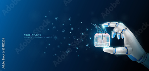 Innovative technology in science medical health care futuristic. Hand robot or cyborg artificial intelligence AI holding hair skin and virtual interface medical icon network. 3D Vector.