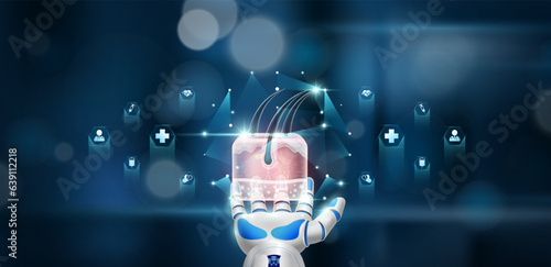Hair and skin inside cube float in doctor robot hand. Health care system innovative technology medical futuristic AI artificial intelligence cybernetic robotics. Bokeh light background. Vector.