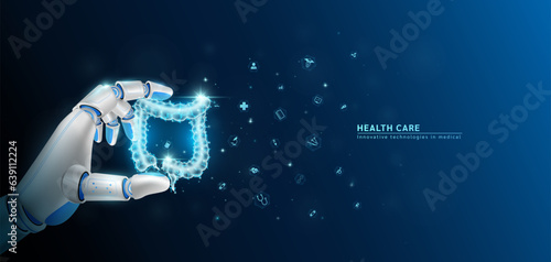 Innovative technology in science medical health care futuristic. Hand robot or cyborg artificial intelligence AI holding intestine human organ and virtual interface medical icon network. 3D Vector.