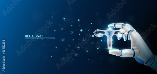 Innovative technology in science medical health care futuristic. Hand robot or cyborg artificial intelligence AI holding female uterus human organ and virtual interface medical icon network. Vector.
