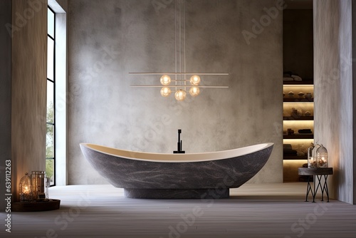 Interior of modern bathroom with white and brown marble walls, concrete floor, comfortable white bathtub standing near the window and wooden bench