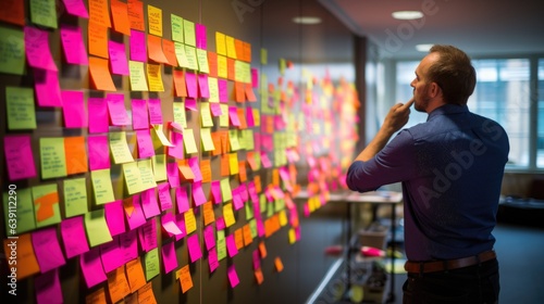 colorful sticky note on brainstorming board at modern office.