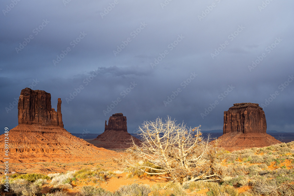 The famous Monument Valley in the USA with a very dark sky