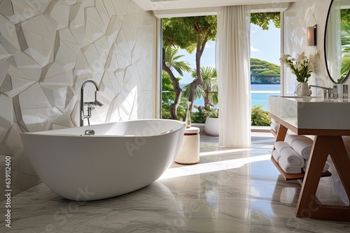 Interior of modern bathroom with white and brown marble walls  concrete floor  comfortable white bathtub standing near the window and wooden bench