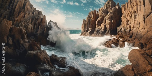 Waves crashing on rock formations at Ferradurinha Beach
