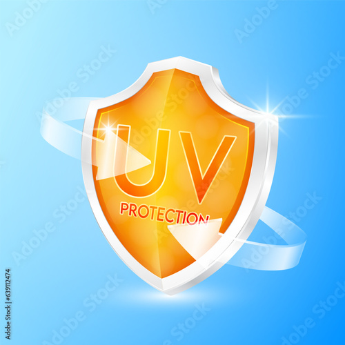 Blue shield and clear glass arrows transparent UV protection ultraviolet your skin. Products design cream skin care. Sunscreen concept. Icon 3D vector illustration.