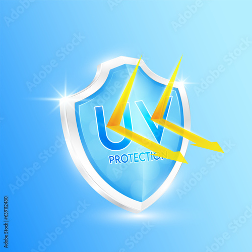 UV protection ultraviolet your skin. Blue shield and clear glass arrows transparent orange reflect light force field prevents of sunlight. Products design cream skin care sunscreen. Icon 3D vector.