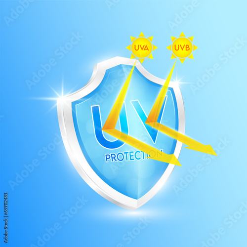 UV protection ultraviolet your skin. Blue shield and glass arrows transparent UVA UVB orange. Reflect light force field prevents of sunlight. Products design cream skin care sunscreen. Icon 3D vector.
