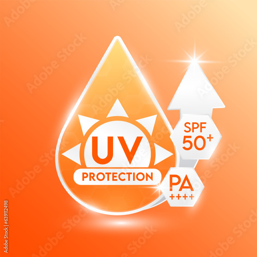 Orange drop serum and SPF 50, PA+++ arrows UV protection ultraviolet your skin. Products design cream skin care. Sunscreen concept. Icon 3D vector illustration.