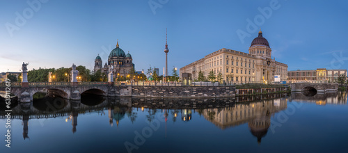Panorama of the Berlin Cathedral, the famous TV Tower and the rebuilt City Palace at twilight