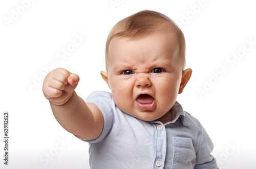 Funny newborn baby studio photo white background, with funny facial expression and gesture