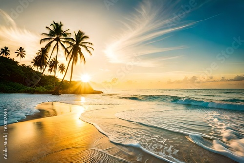 tropical island in the ocean sky and palm trees view from beach side, vintage style, tropical beach and summer background, travel concept Generated Ai