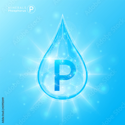 Essential phosphorus minerals for health human body. Blue crystal mineral water drop natural shiny. For nutrition design ad dietary supplement pharmacy. Scientific medical concept. 3D Vector.