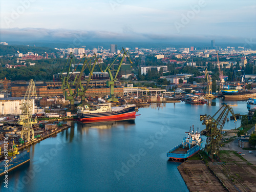 Cranes in Gdansk Shipyard Aerial View. Motlawa River Industrial Part of the City Gdansk  Pomerania  Poland. Europe.