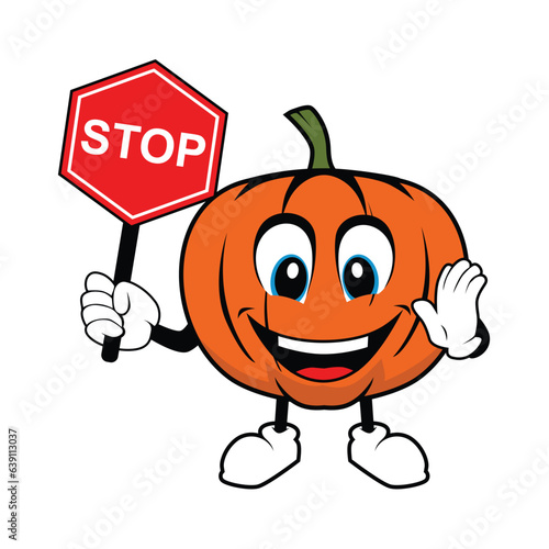 Pumpkin mascot holding up a Stop sign