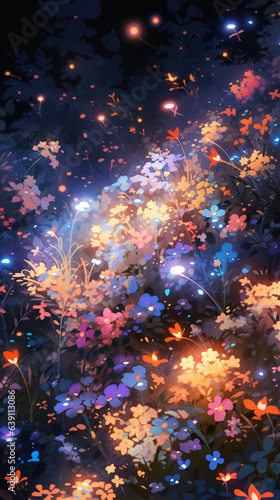 Luminous flowers under the night  fairy tale fantasy scene illustration