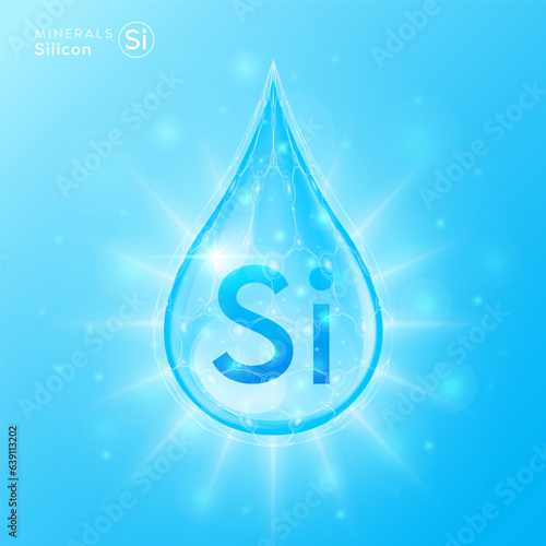 Essential silicon minerals for health human body. Blue crystal mineral water drop natural shiny. For nutrition design ad dietary supplement pharmacy. Scientific medical concept. 3D Vector.